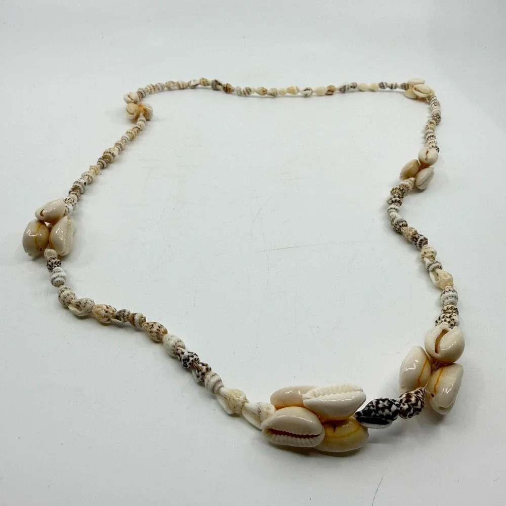 Cream Brown Cowrie Seashell Long Necklace Coastal Boho Beach Statement Gift
